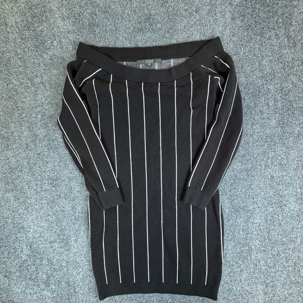 Guess Off Shoulder Sweater Womens Large Black Tight Knit Striped Raglan Sleeve‎